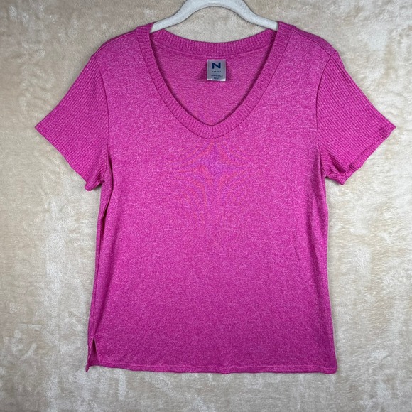 Natori Tops - Natori Womens Magenta Pink‎ Heathered V-Neck Short Sleeve Ribbed Top Size M